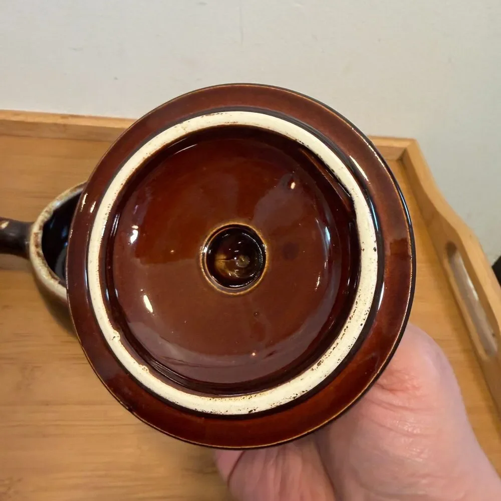 Vintage Brown Drip Glaze Stoneware Lidded Saucepan Crock Pottery 5”